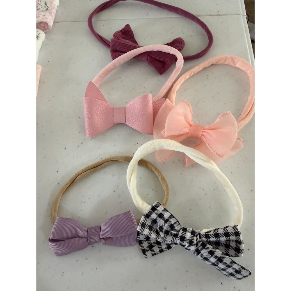 Baby Girl Bow Headbands lot of 5 pink/purple/ neutrals